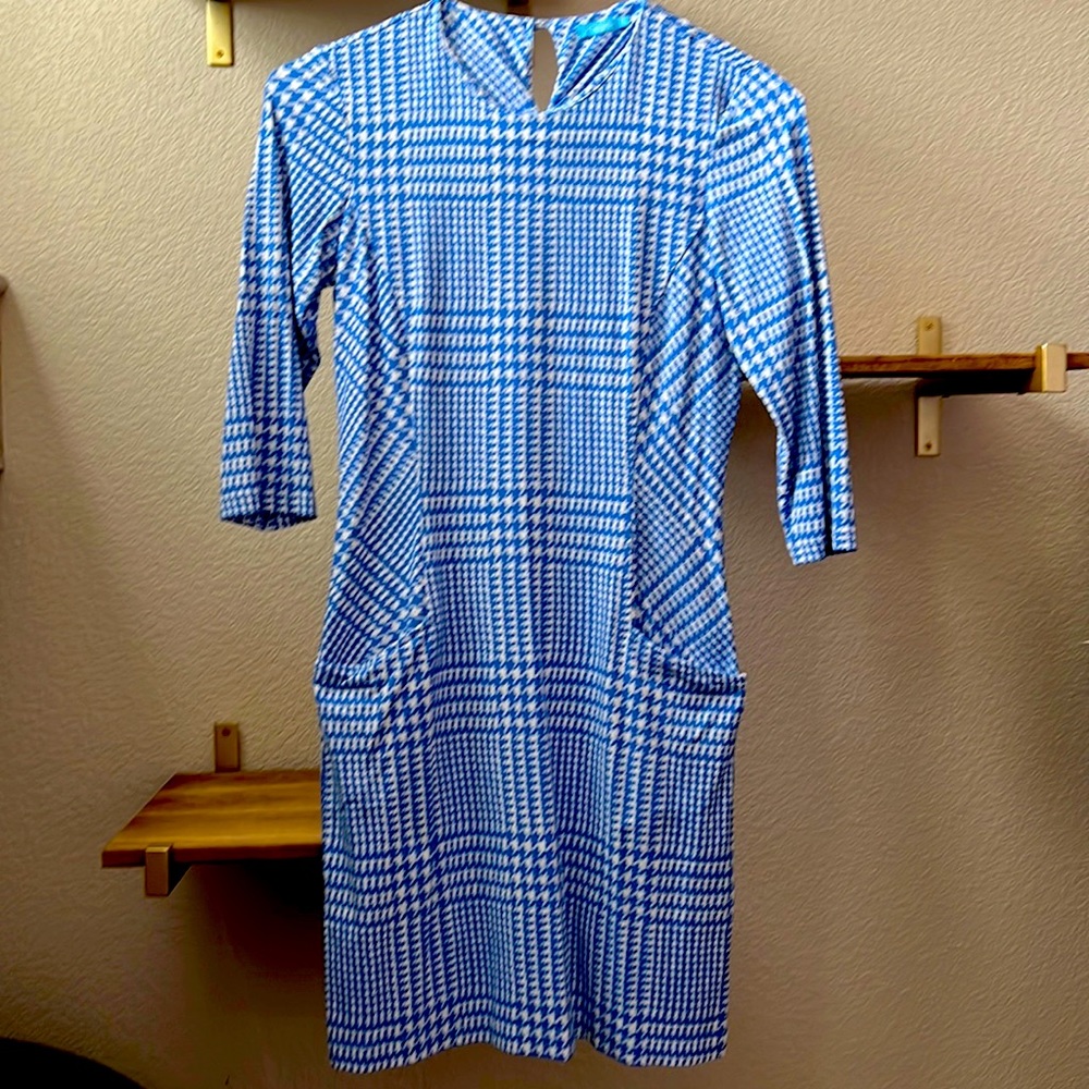 J McLaughlin sky blue houndstooth tweed pattern Catalyst dress